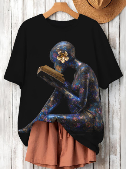Women's Black Girl Reading Diamond Sculpture Print Casual T-Shirt-Styleame