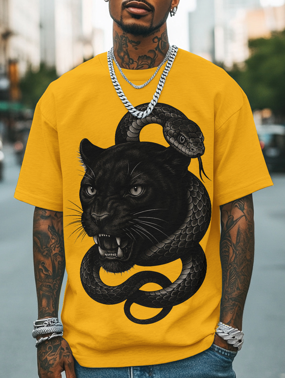 Men's Panther And Snake Print Cotton Casual T-Shirt-Styleame