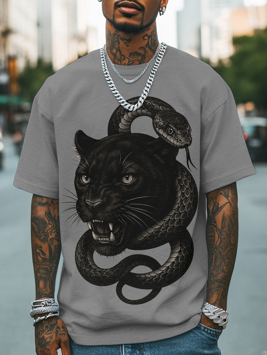 Men's Panther And Snake Print Cotton Casual T-Shirt-Styleame