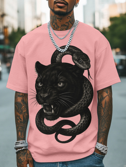 Men's Panther And Snake Print Cotton Casual T-Shirt-Styleame