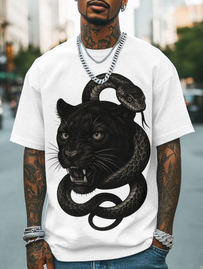 Men's Panther And Snake Print Cotton Casual T-Shirt-Styleame