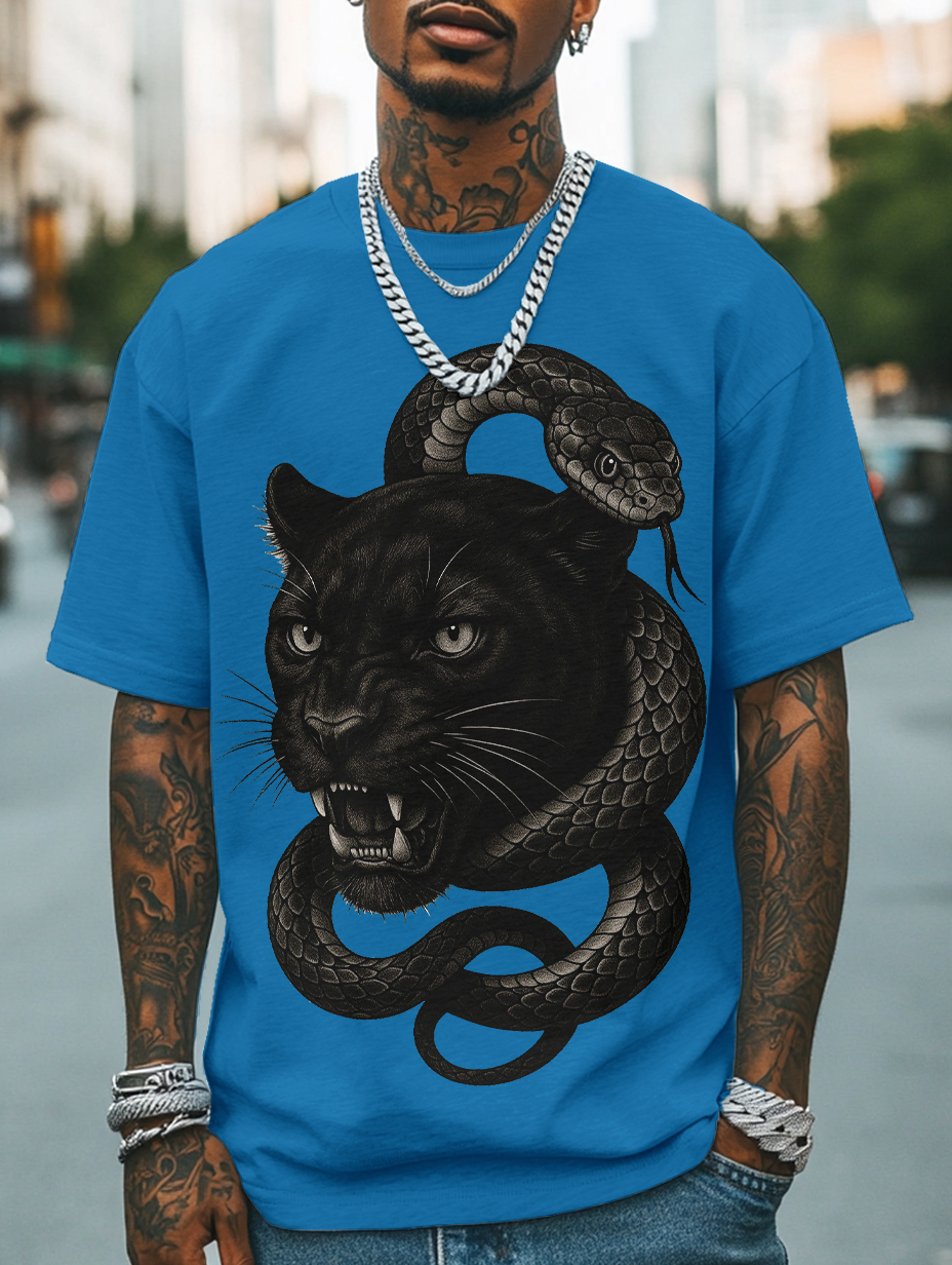Men's Panther And Snake Print Cotton Casual T-Shirt-Styleame