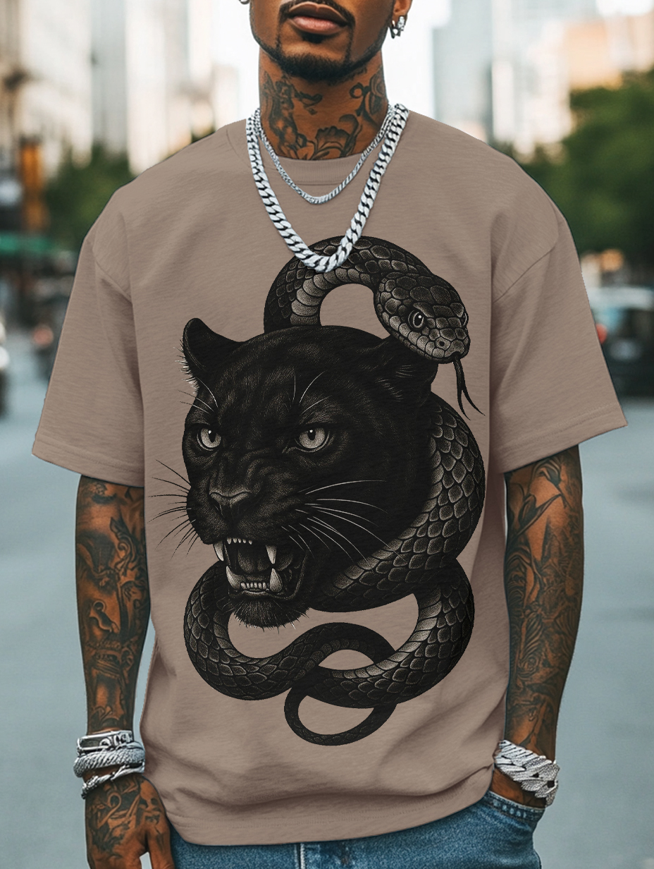 Men's Panther And Snake Print Cotton Casual T-Shirt-Styleame