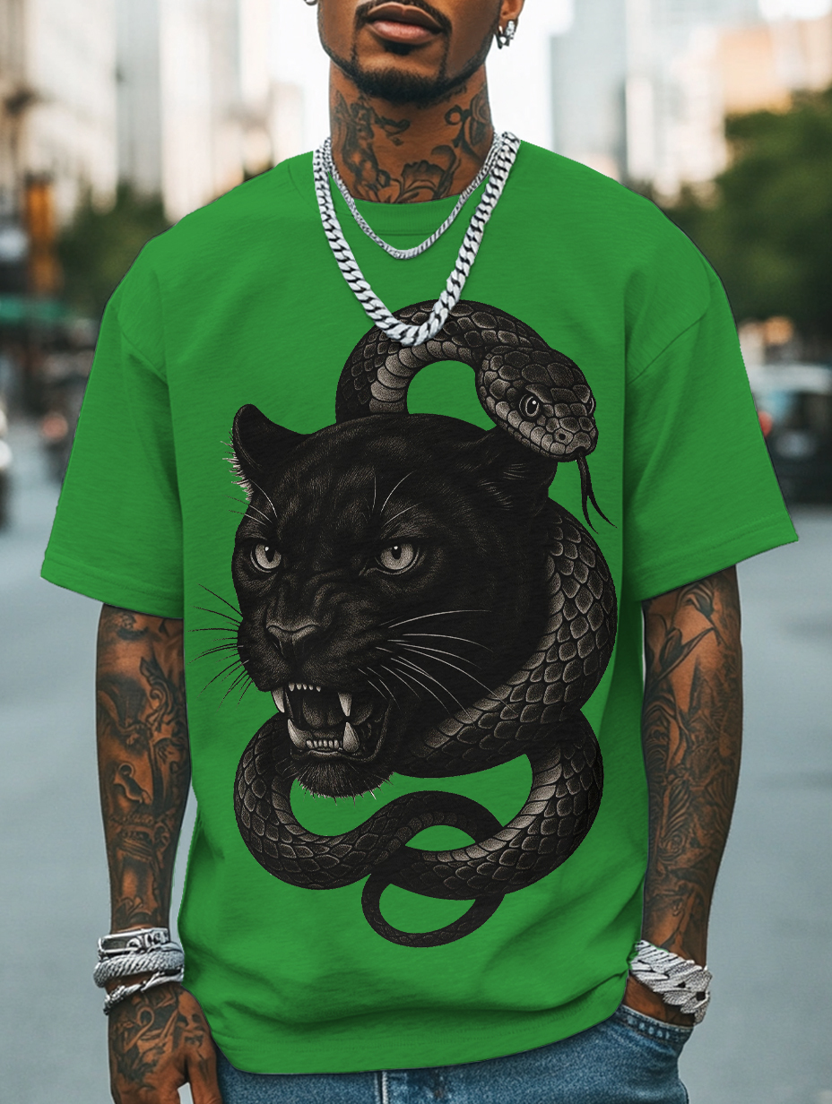 Men's Panther And Snake Print Cotton Casual T-Shirt-Styleame