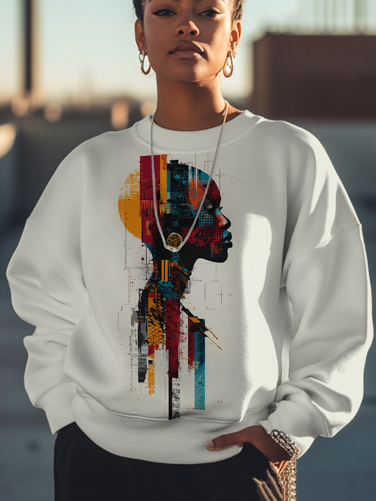 Women's Geometric Abstract Portrait Art Print Sweatshirt-Styleame