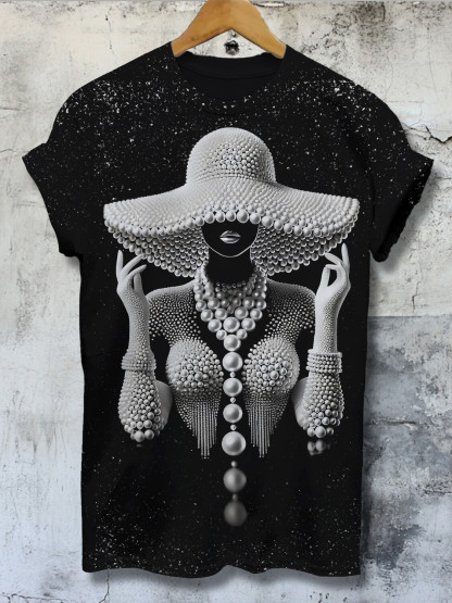 Women's Fashion Pearl Woman Herry Cherry's Bling Dazzle Art Print Casual T-Shirt-Styleame