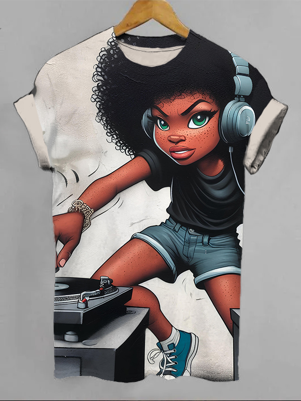 Women's Afro Art Vinyl Record Player Print Casual T-Shirt-Styleame
