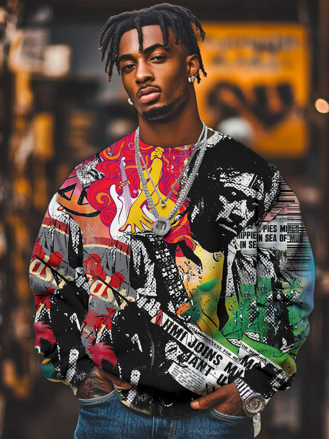 Men's Street Dance Black Man Graffiti Art Print Casual Sweatshirt-Styleame