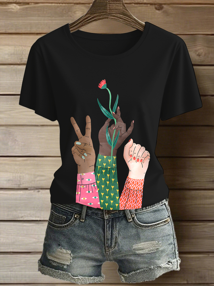 Women's Black Unity Hands Flower Art Print Casual T-Shirt-Styleame