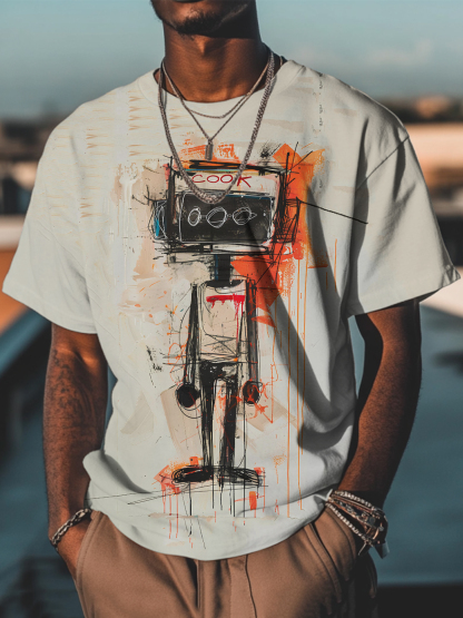 Men's Retro Graffiti Robot Graphic Print T-Shirt-Styleame