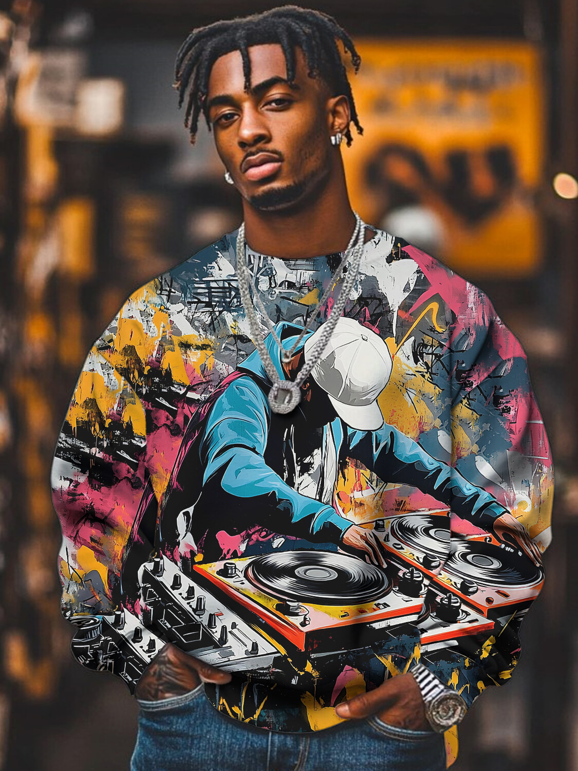 Men's Hip Hop Black Man DJ Colorful Graffiti Art Print Casual Sweatshirt-Styleame
