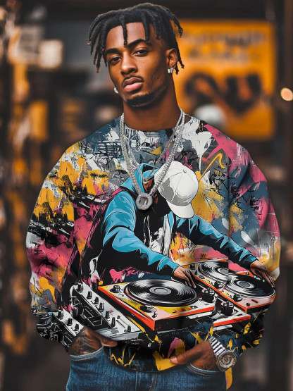 Men's Hip Hop Black Man DJ Colorful Graffiti Art Print Casual Sweatshirt-Styleame