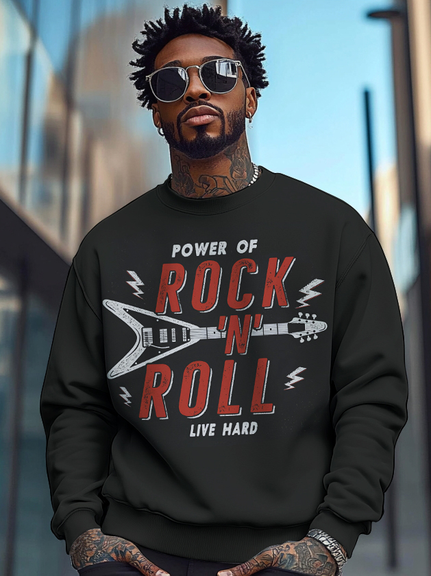 Men's Power Of Rock And Roll Print Cotton Casual Sweatshirt-Styleame