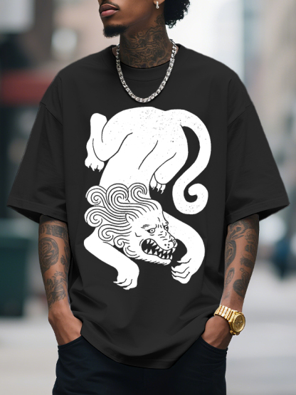 Men's Lion Print Cotton Casual T-Shirt-Styleame