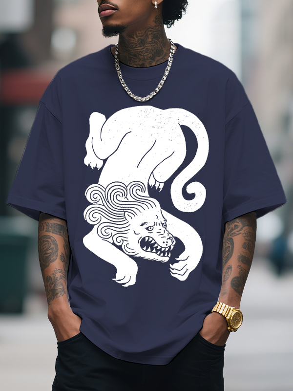 Men's Lion Print Cotton Casual T-Shirt-Styleame