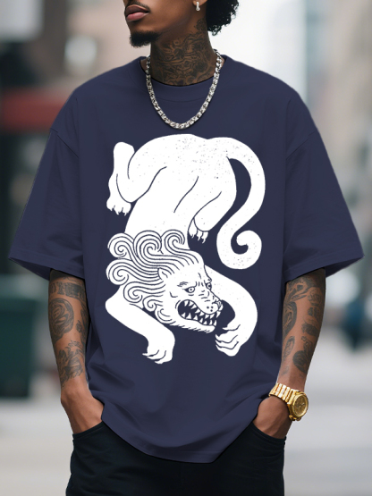 Men's Lion Print Cotton Casual T-Shirt-Styleame