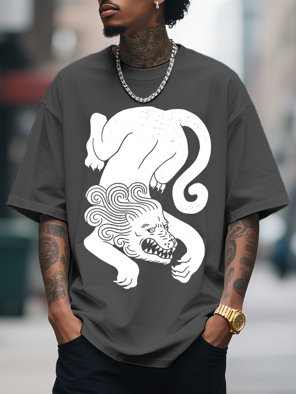 Men's Lion Print Cotton Casual T-Shirt-Styleame