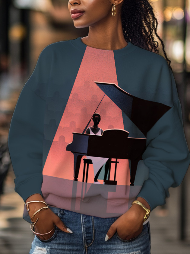 Women's Piano Artist Print Casual Sweatshirt-Styleame