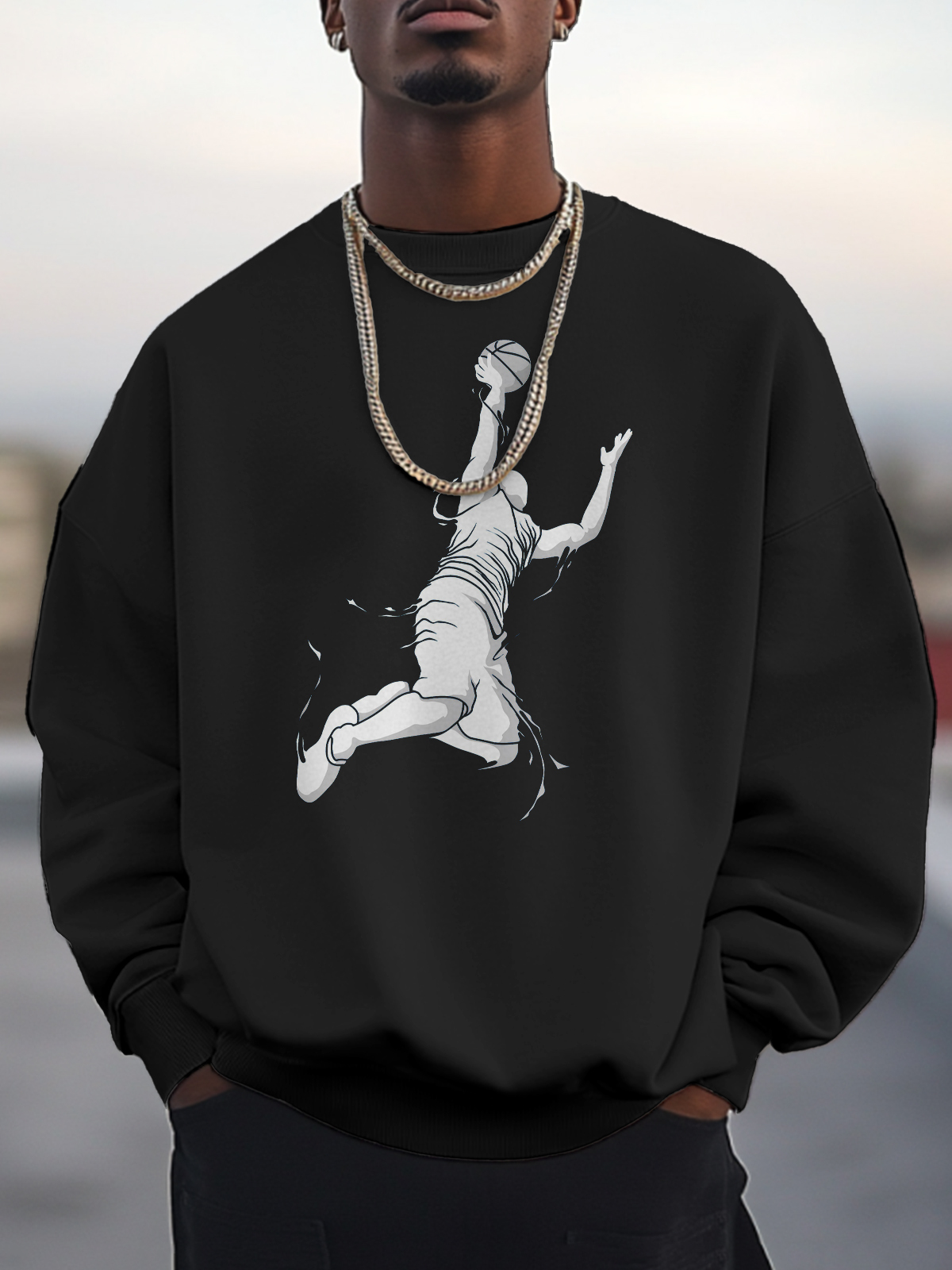 Men's Basketball Player Print Cotton Casual Sweatshirt-Styleame