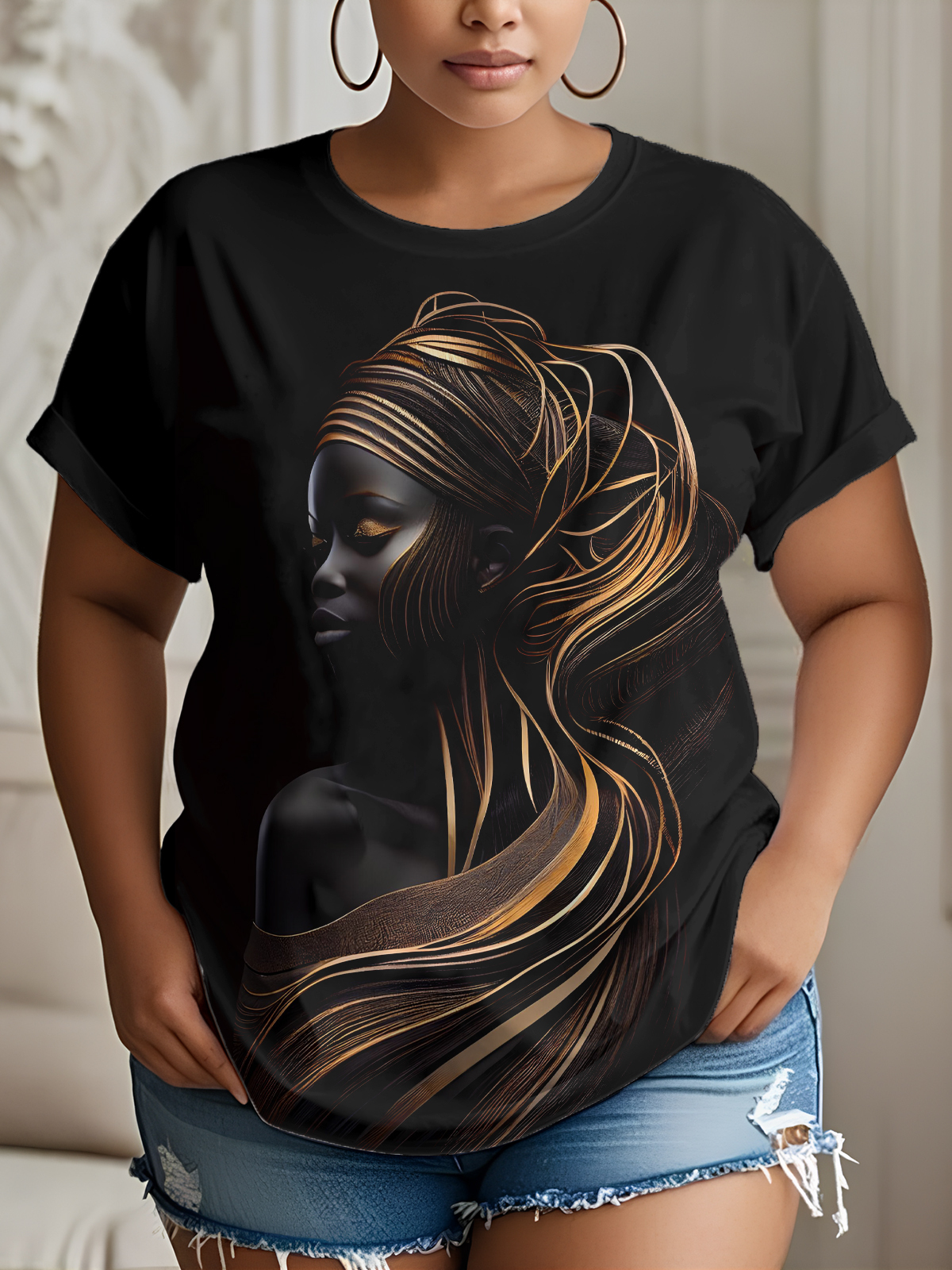 Women's Black And Gold African Face Art Print Casual T-Shirt-Styleame