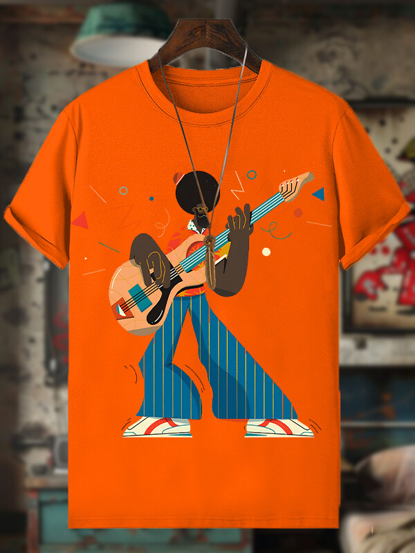 Men's Funny Guitar Artist Afro Art Print Cotton Casual T-Shirt-Styleame
