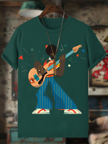 Men's Funny Guitar Artist Afro Art Print Cotton Casual T-Shirt-Styleame