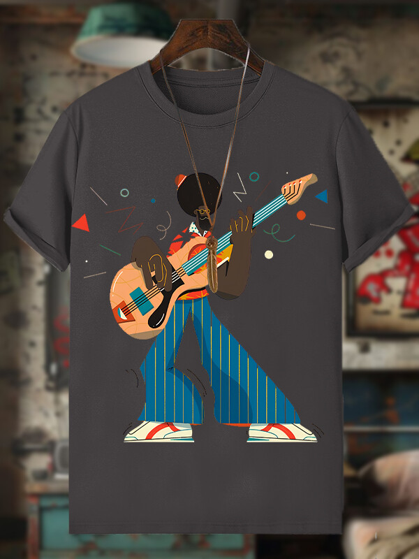 Men's Funny Guitar Artist Afro Art Print Cotton Casual T-Shirt-Styleame