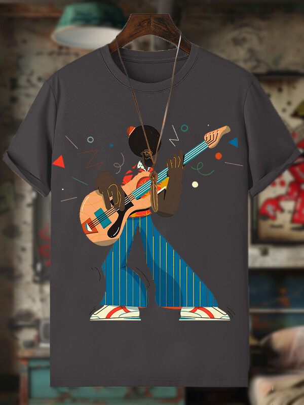 Men's Funny Guitar Artist Afro Art Print Cotton Casual T-Shirt-Styleame