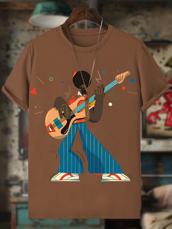 Men's Funny Guitar Artist Afro Art Print Cotton Casual T-Shirt-Styleame