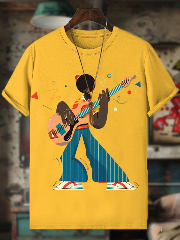 Men's Funny Guitar Artist Afro Art Print Cotton Casual T-Shirt-Styleame