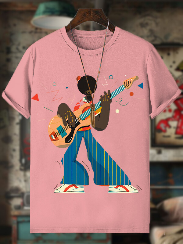 Men's Funny Guitar Artist Afro Art Print Cotton Casual T-Shirt-Styleame