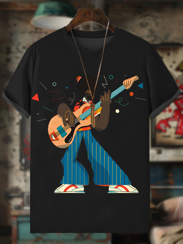 Men's Funny Guitar Artist Afro Art Print Cotton Casual T-Shirt-Styleame