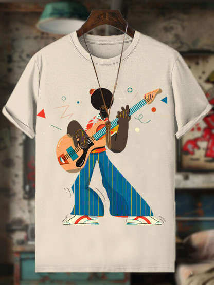 Men's Funny Guitar Artist Afro Art Print Cotton Casual T-Shirt-Styleame