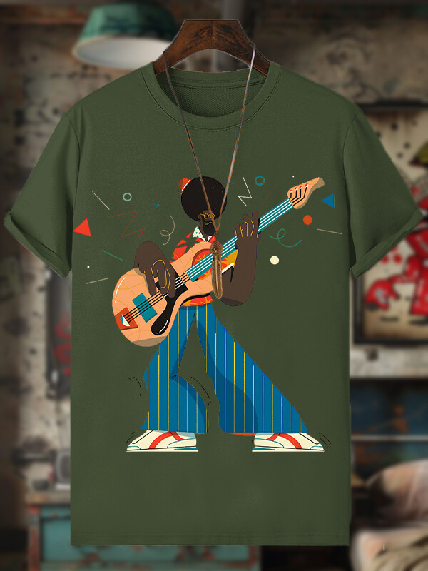 Men's Funny Guitar Artist Afro Art Print Cotton Casual T-Shirt-Styleame