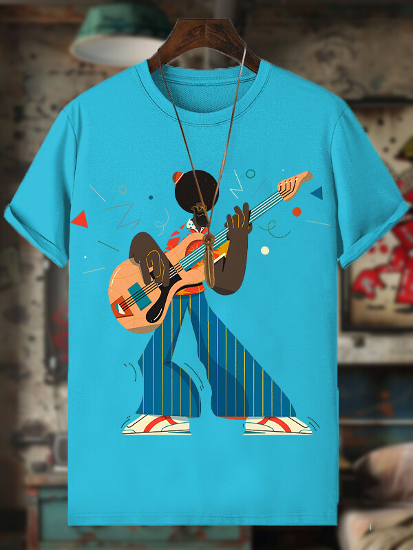Men's Funny Guitar Artist Afro Art Print Cotton Casual T-Shirt-Styleame