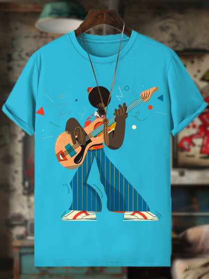 Men's Funny Guitar Artist Afro Art Print Cotton Casual T-Shirt-Styleame