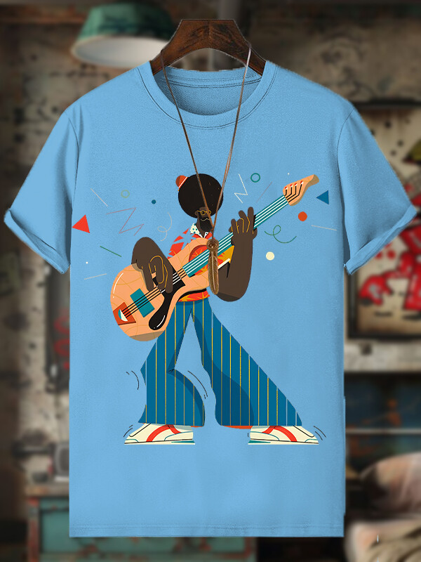 Men's Funny Guitar Artist Afro Art Print Cotton Casual T-Shirt-Styleame
