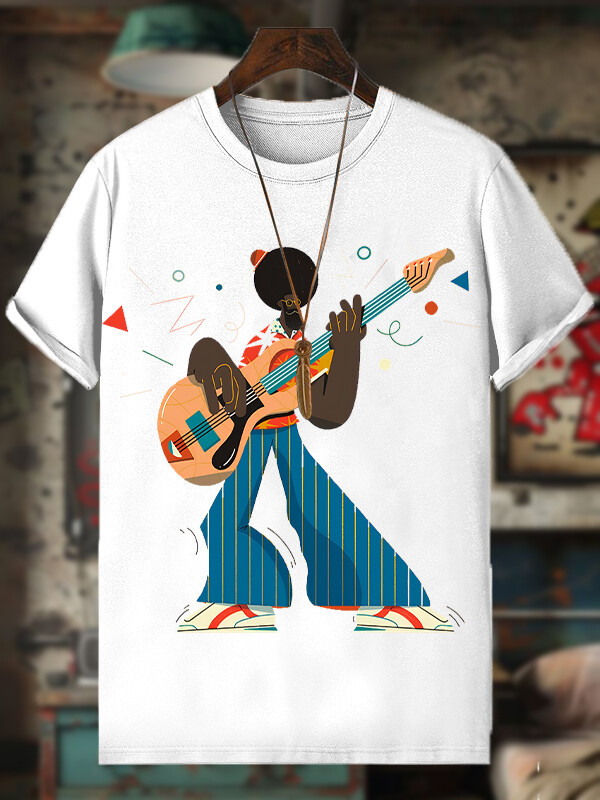 Men's Funny Guitar Artist Afro Art Print Cotton Casual T-Shirt-Styleame