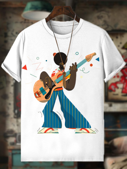 Men's Funny Guitar Artist Afro Art Print Cotton Casual T-Shirt-Styleame
