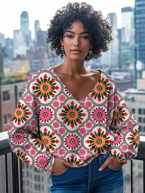 Women's Geometric Art Flower Pattern Print V Neck Sweatshirt-Styleame