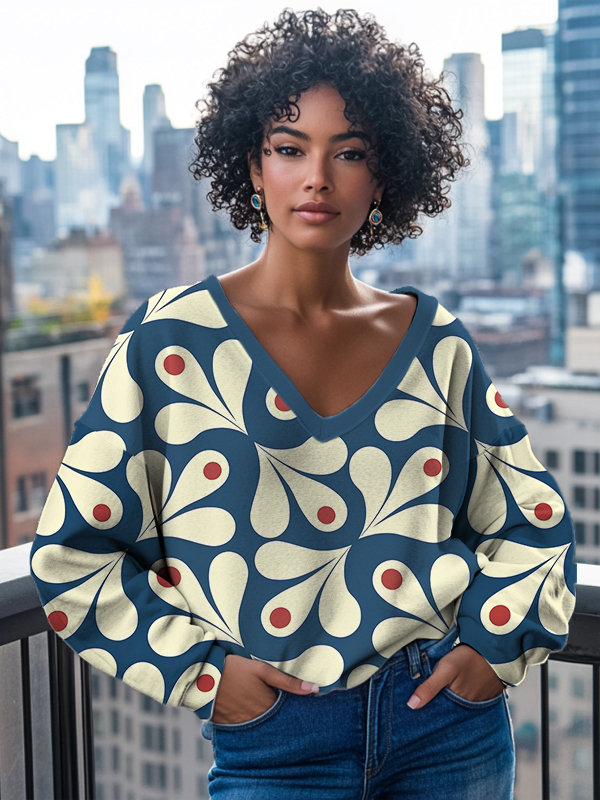 Women's Geometric Abstract Flower Print V Neck Sweatshirt-Styleame