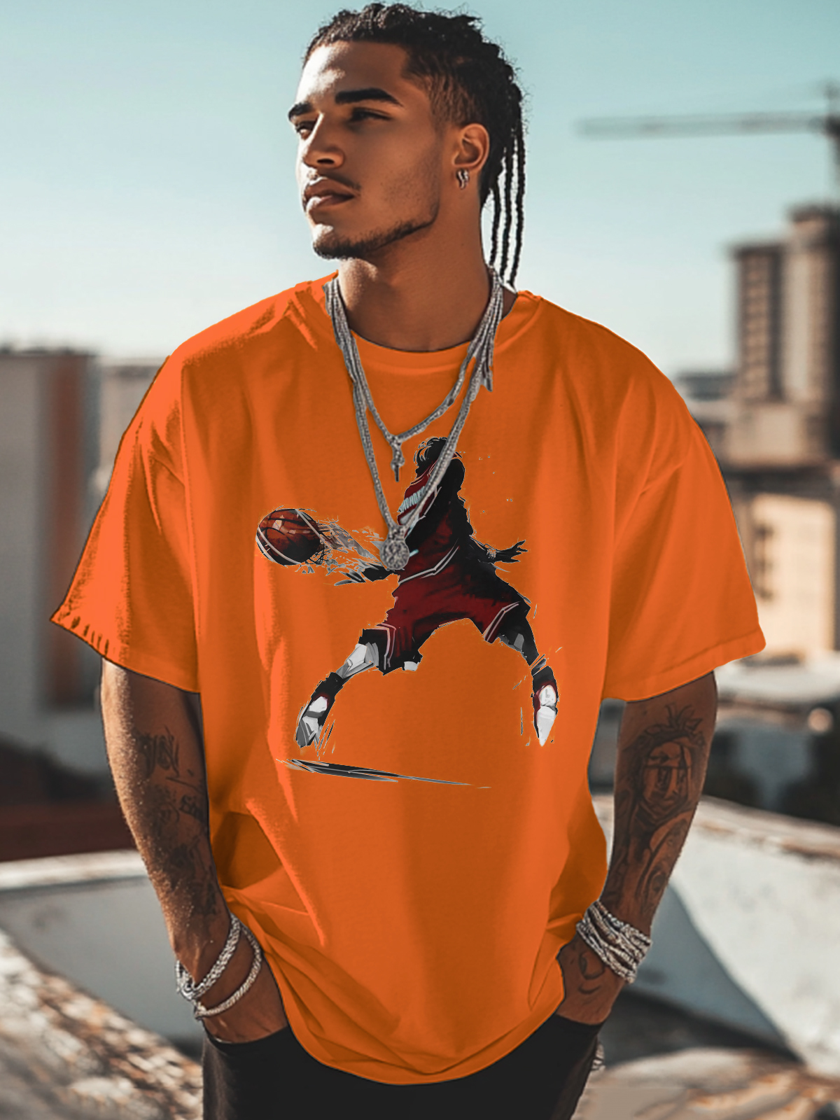 Men's Black Basketball Player Art Cotton Casual T-Shirt