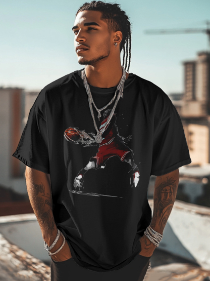 Men's Black Basketball Player Art Cotton Casual T-Shirt