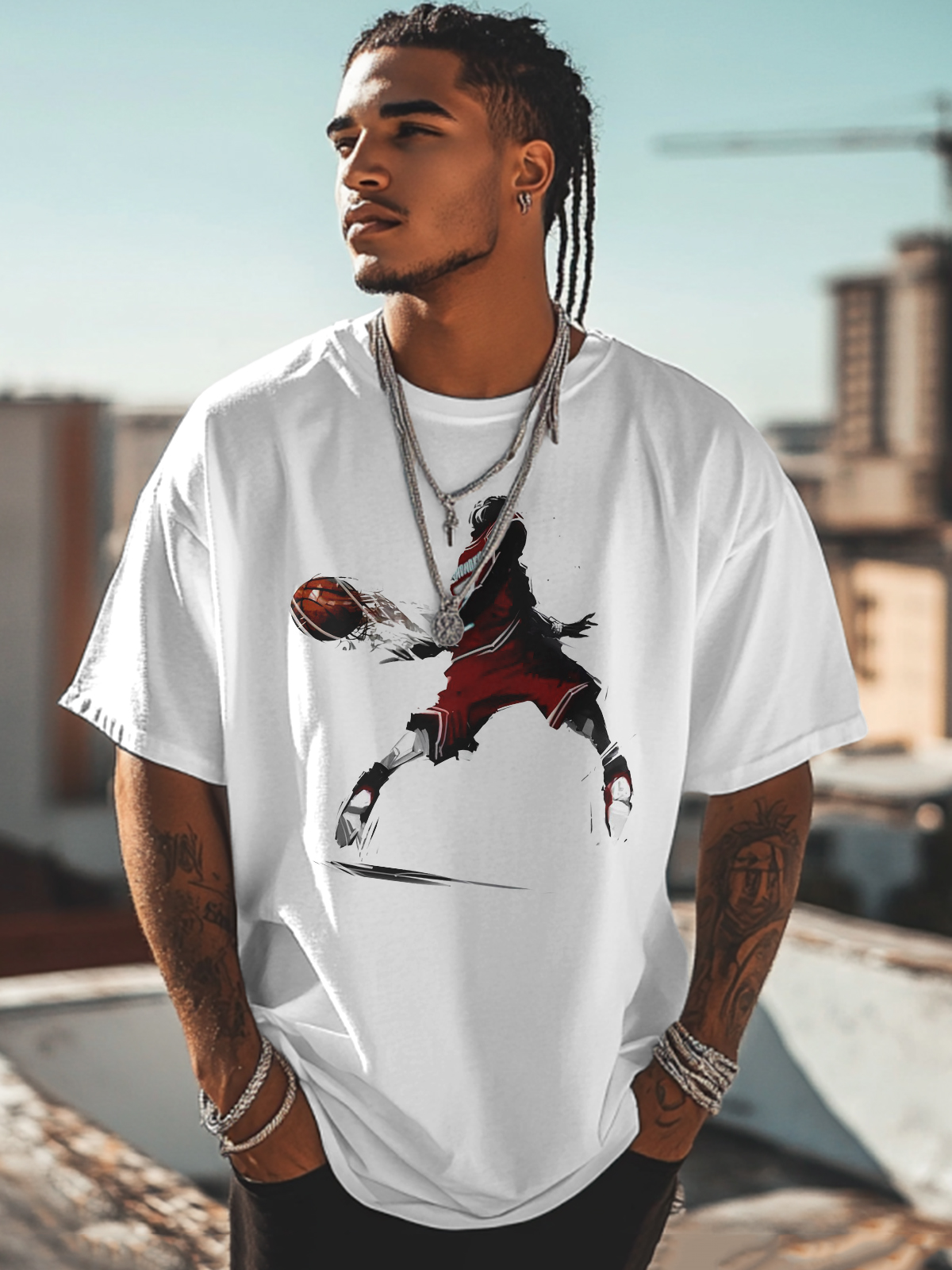 Men's Black Basketball Player Art Cotton Casual T-Shirt