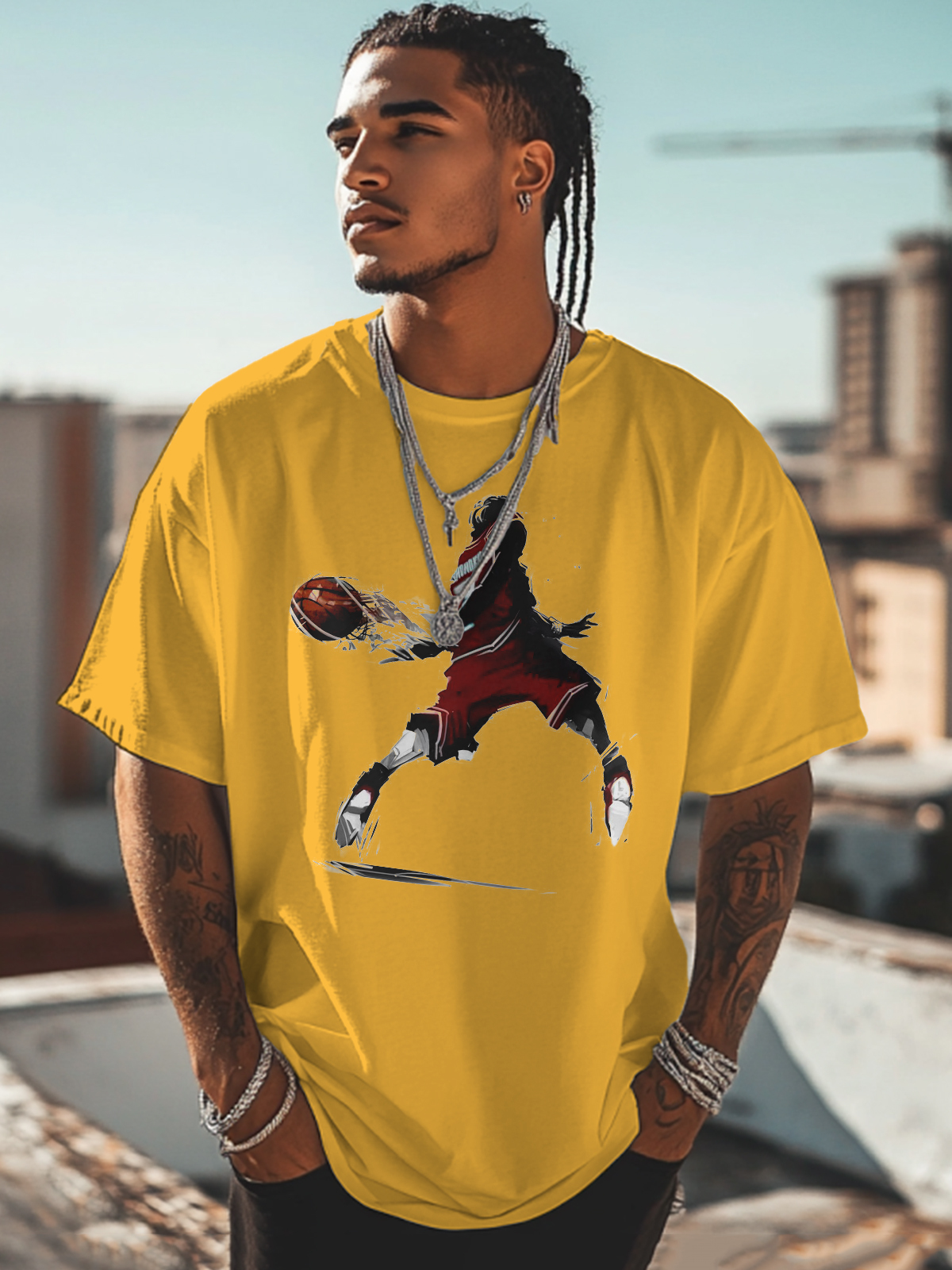 Men's Black Basketball Player Art Cotton Casual T-Shirt