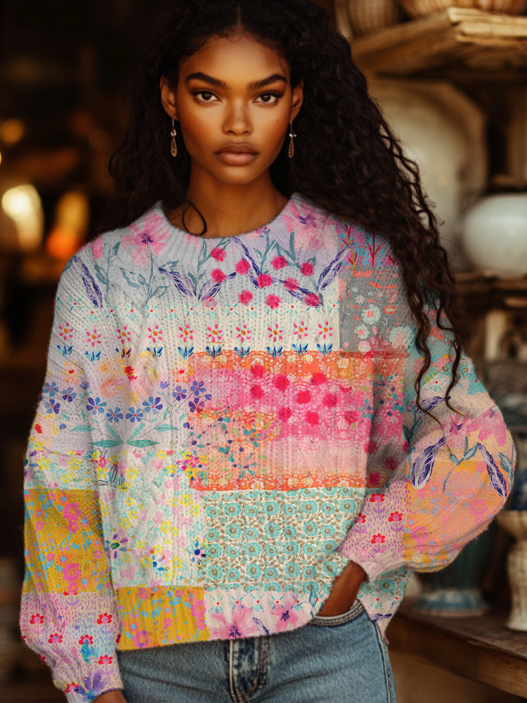 Women's Ditsy Floral Colorblock Print Knit Sweatshirt-Styleame