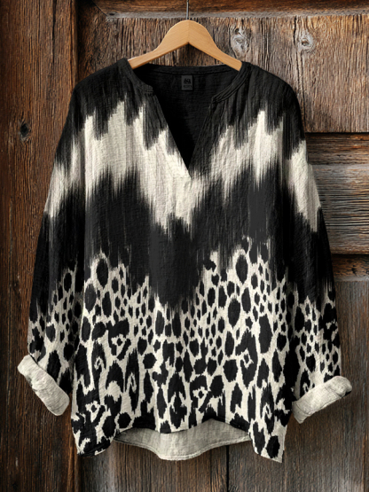 Women's Contrast Color Leopard Pattern Print V Neck Long Sleeve T-Shirt-Styleame