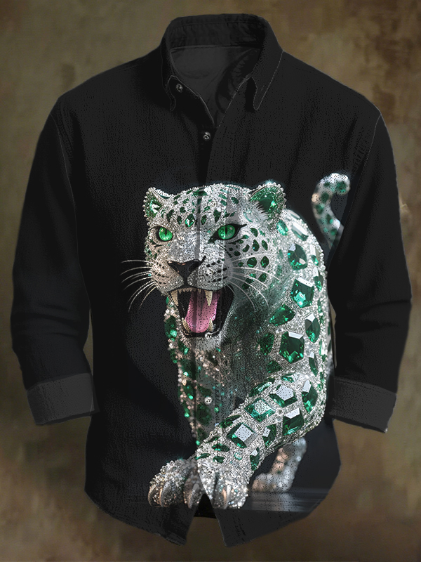 Men's Rhinestone Leopard Art Print Long Sleeve Shirt-Styleame