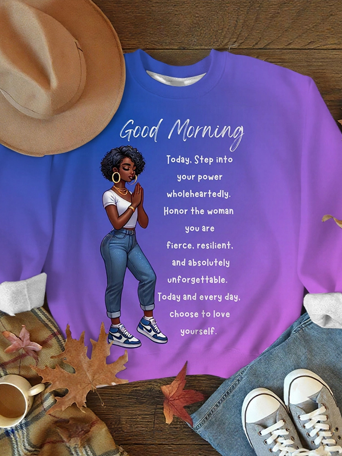 Women's Black Woman Praying Gradient Art Print Casual Sweatshirt-Styleame