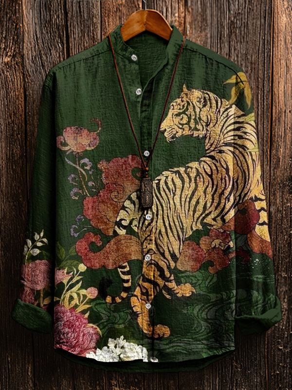 Men's Tiger And Floral Art Print Long Sleeve Shirt-Styleame